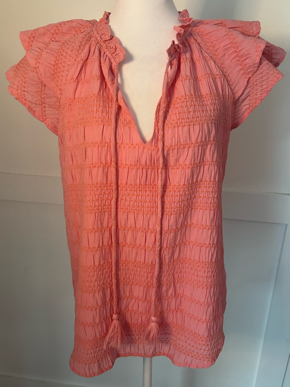 Coral Smocked Flutter-Sleeve Blouse with Tassel Tie size medium